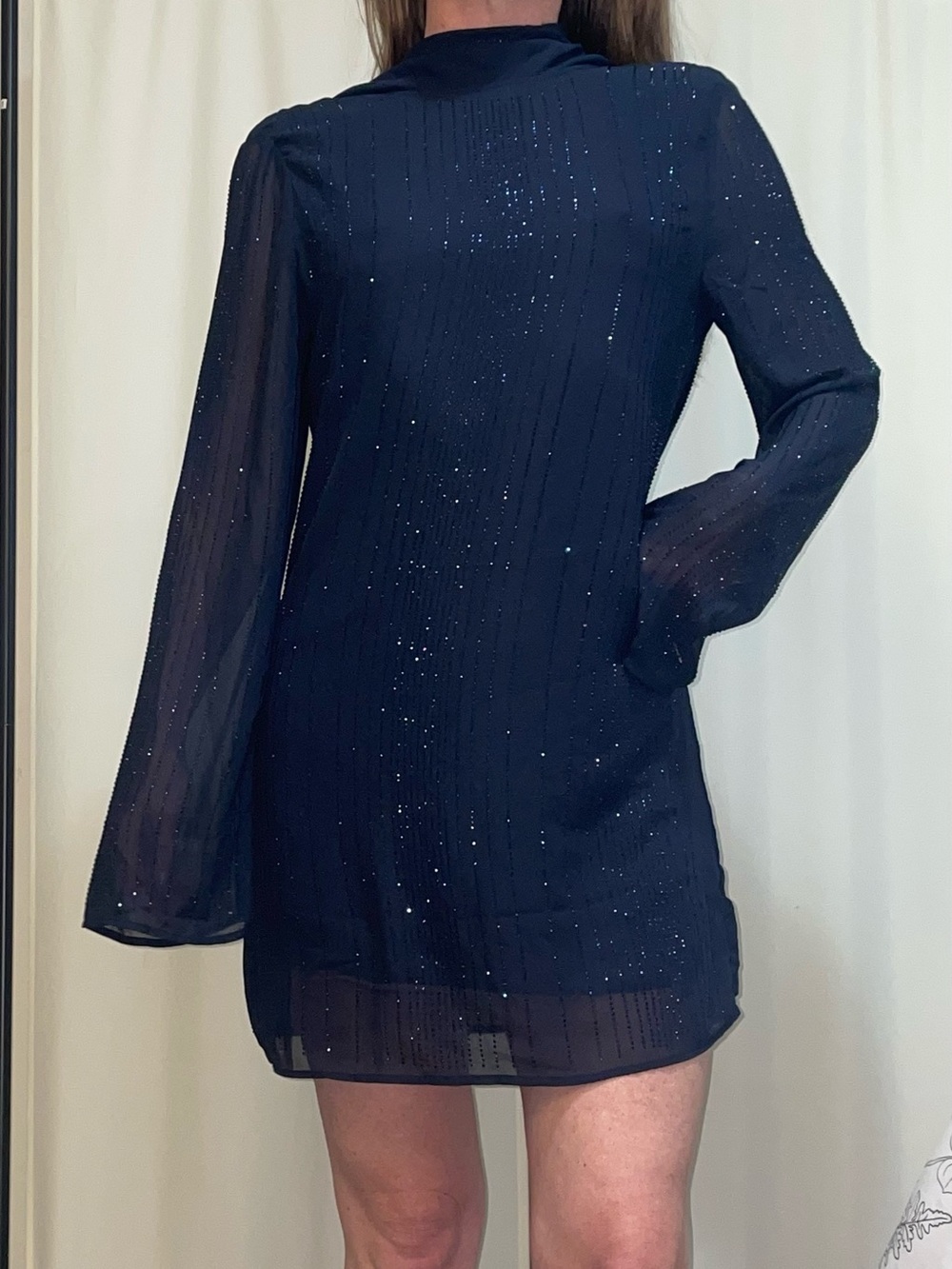 H&M Navy Sparkle Sheer-Sleeve Mini Dress